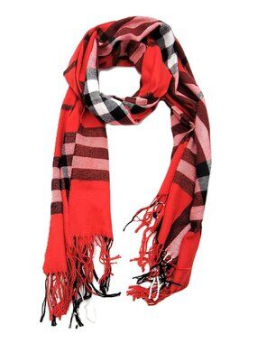 Red Plaid Winter Scarf: Classic Check Pattern, Soft & Warm with Fringe